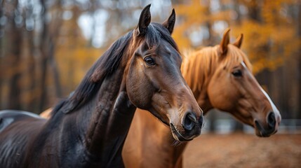 Fototapeta premium Two horses stand side by side in a forest, with a backdrop of fall foliage