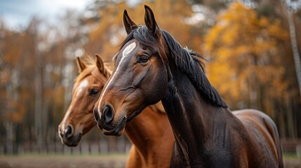 Fototapeta premium Two horses stand side-by-side in a forest with fall foliage in the background