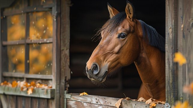 A brown horse looks out of a stable window in the fall, with a backdrop of golden leaves - Powered by Adobe