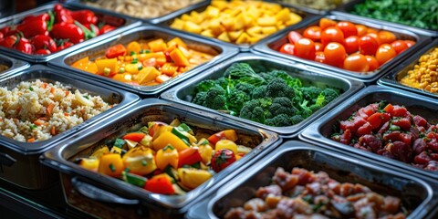 Various food items are arranged in metal trays at a buffet line