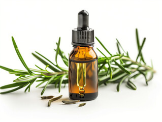 Rosemary essential Oil on white background surrounded by rosemary sprigs