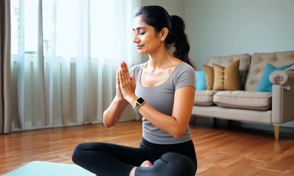 Woman, meditation and hands in home for breath work, Dhyan mudra pr fingers in living room. Floor, mat and yoga or pilates for holistic training 4K video