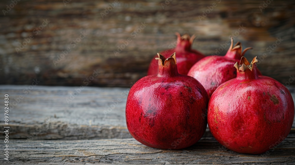 Poster Three ripe pomegranates with visible seeds rest on a rustic wooden surface. The pomegranates have a deep red hue and appear juicy and fresh. Generative AI