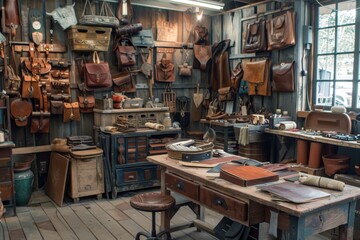 Obraz premium Artisan's Studio Featuring Handmade Leather Items in Progress - Creative Workspace for Craftsmen