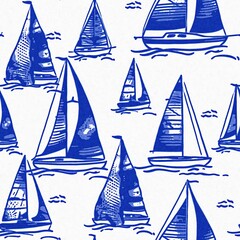 Coastal sail boat in azure ocean blue seamless background, Modern sailing race boat block print for decorative coast interior furnishing fabric . Rustic linen beach cottage trend tile. 