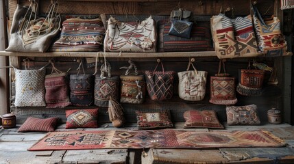 Assortment of Handmade Textile Pouches with Decorative Elements on Rustic Wooden Table