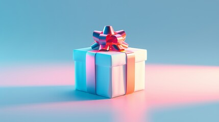 Obraz premium A neatly wrapped gift box with a shiny red ribbon and bow, set against a colorful backdrop