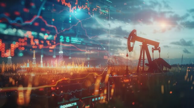 An oil pump silhouette is superimposed over a digital screen displaying financial charts and graphs with an upward trend, symbolizing the rising price of gasoline. Generative AI - Powered by Adobe
