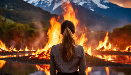 Woman observes house in flames at burning scene, tragic wildfire disaster aftermath. Insurance arson