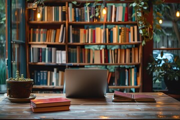 Laptop on desk in front of bookshelves, books and plants around it, bokeh effect. Ai generated