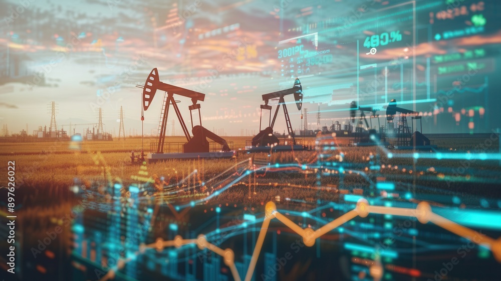 Aufkleber oil pumps operate in a field, with a digital screen overlay displaying financial charts and data ind