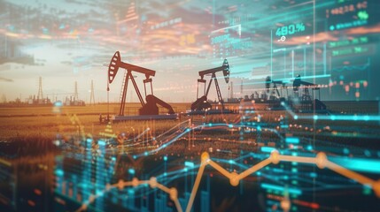 Oil pumps operate in a field, with a digital screen overlay displaying financial charts and data indicating a rise in oil prices. Generative AI