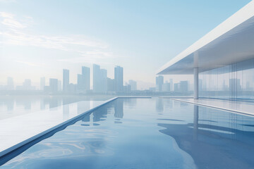 Modern buildings by the lake. The modern urban skyline is in the background.