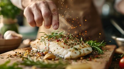 A chef sprinkles herbs and spices on fresh fish, showcasing culinary art in a rustic kitchen setting.