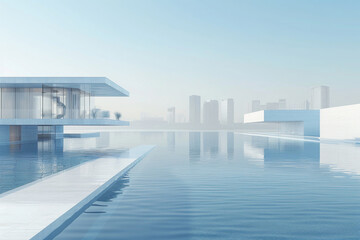 Modern buildings by the lake. The modern urban skyline is in the background.