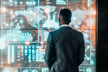 African American businessman standing in front of an electronic whiteboard displaying 3D bar graphs