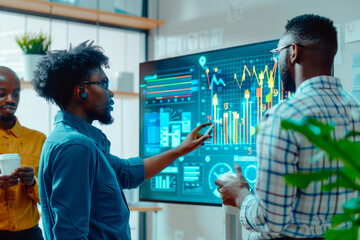 African American businessman standing in front of an electronic whiteboard displaying 3D bar graphs