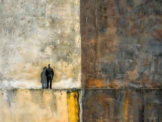 Minimalist Urban Art, Man in Black on Edge of Industrial Building with Rust, Shadow on Wall, Abstract Metalwork and Concrete Textures, Light Grey and Deep Gold Hues, Evoking Cityscape Emotions