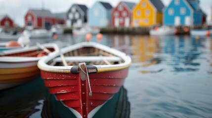 A focused shot of a vibrant red wooden rowboat bobbing gently on calm waters, with a backdrop of picturesque, colorful houses lining the waterfront of a serene lake or river.