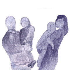 A mother holding her baby and a father holding his toddler, a watercolor silhouette showcasing the bond of love. The monochrome design emphasizes gentle connection, ideal for family-oriented themes