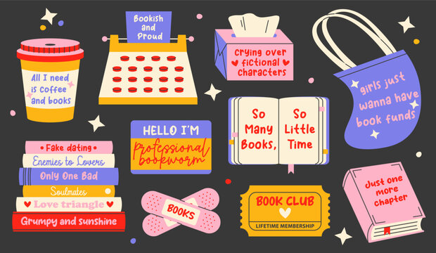 Hand drawn phrases for reading lovers or bookworms. Cartoon colorful elements set for stickers or pins design. Stack of books, cup of coffee, book club ticket, typewriter, open book etc.