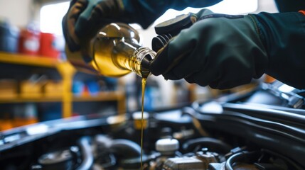 Mechanic with Gloves Pouring Oil into Engine