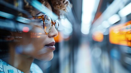 A person standing amidst a cyber environment with colorful lights in the background. The image has a blurred effect highlighting the digital and futuristic ambiance.