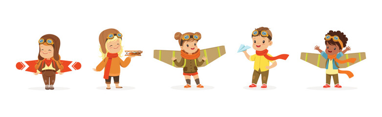 Kids in Pilot Costumes and Toy Plane Playing and Have Fun Vector Set