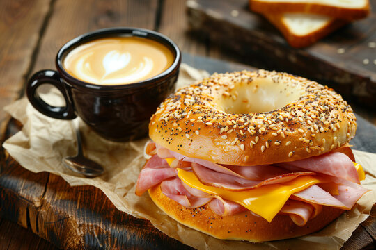 ham and cheese bagel breakfast with a mug of coffee