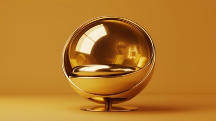 A shiny golden egg-shaped chair on an orange background.  The chair has a smooth, reflective surface.  It is a modern and futuristic design.