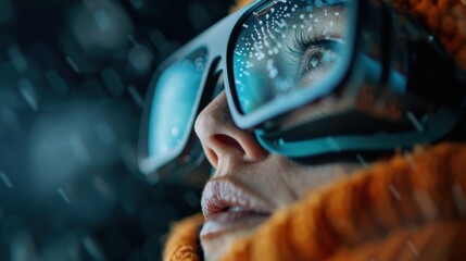 A person engaged in an immersive digital experience, wearing a high-tech VR headset, highlighting advancements in virtual reality and interactive technology with a dynamic ambiance.