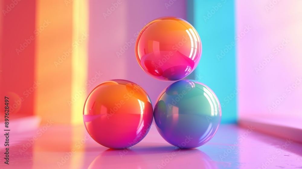 Aufkleber three vibrant spheres arranged in a triangle against a colorful striped backdrop. a playful abstract