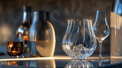 Close-up of a clear glass vase with a wine glass and other glassware in the background
