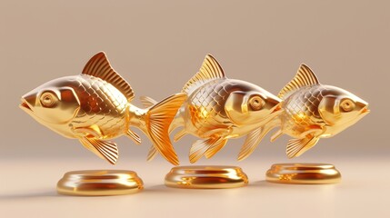 Fototapeta premium Three golden fish figurines on stands, a symbol of wealth and prosperity.