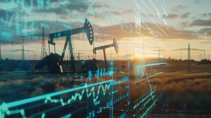 Silhouettes of oil pumps against a sunset backdrop, overlaid with digital financial graphs representing rising oil prices. Generative AI