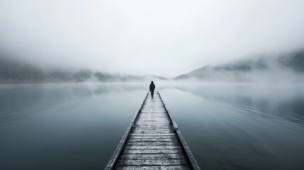 Naklejka premium A solitary person stands on a long wooden dock reaching out into a misty, mirror-like lake surrounded by fog, portraying solitude and calmness.