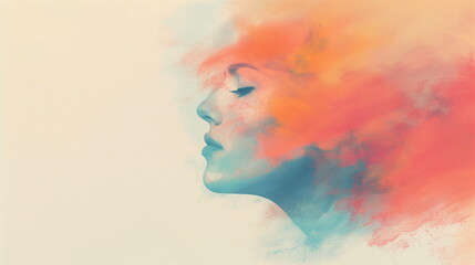 Abstract Portrait of Woman with Closed Eyes Blended in Colorful Watercolors, Dreamlike and Ethereal Painting Style, Soft Pastel and Vibrant Hues, Surreal Concept, Serene Expression, Contemporary Art