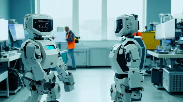 A slow-motion pan showcases two robots walking and conversing in bustling workshop their movements in sync against backdrop of the normally paced environment. scene opens with close-up of their faces