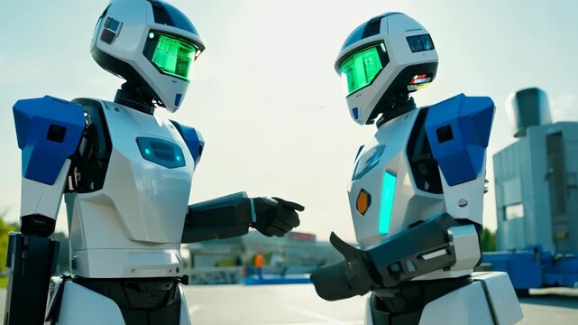 slow-motion pan captures robots walking, talking emphasizing their coordinated teamwork. background activity continues at normal speed highlighting focused robot interaction under natural and high-key