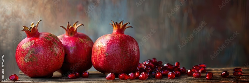 Poster three ripe pomegranates with exposed seeds sit on a rustic wooden surface. generative ai