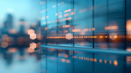 Abstract cityscape at night with futuristic digital interface lights reflecting on glass surface, showcasing technology and urban innovation.