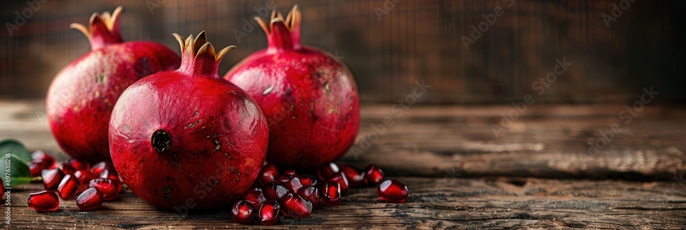 Poster Three ripe pomegranates with seeds are arranged on a rustic wooden table. Generative AI