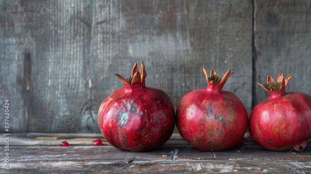 Poster three ripe pomegranates with seeds are displayed against a rustic wooden backdrop. generative ai