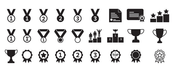Winning icon set. Trophy cup, Medal, Winner prize icon. Trophy symbol. Victory logo. Set with award, award with number 1, one, trophy cup,