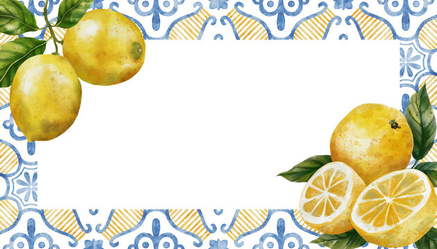 A watercolor frame with Italian tile-inspired patterns featuring juicy lemons, ideal for adding an elegant touch to wedding invitations and greeting cards. 