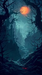 A chilling depiction of a forgotten realm ruled by darkness. ,Dark Color light ,vectorline design , illustration , Mobile Wallpaper