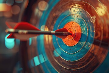 A close-up of a dartboard with a dart precisely hitting the bullseye, showcasing vibrant colors and a blurred background