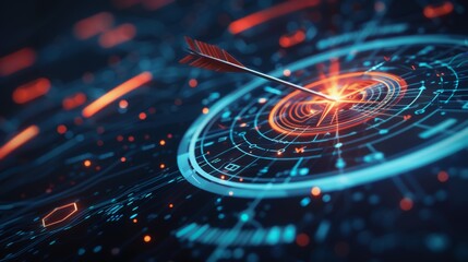 A digital abstract illustration featuring a glowing target with concentric circles, highlighted by an arrow striking the center, showcasing themes of precision and technology