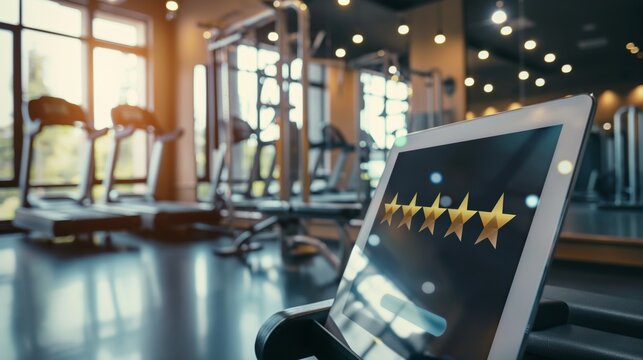 Tablet screen with five stars rating in gym interior, great customer review displayed on computer screen in modern fitness facility