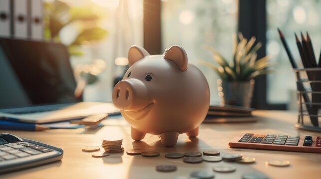 A cheerful piggy bank sits on a desk surrounded by coins and financial tools, symbolizing savings and financial planning in a bright office environment